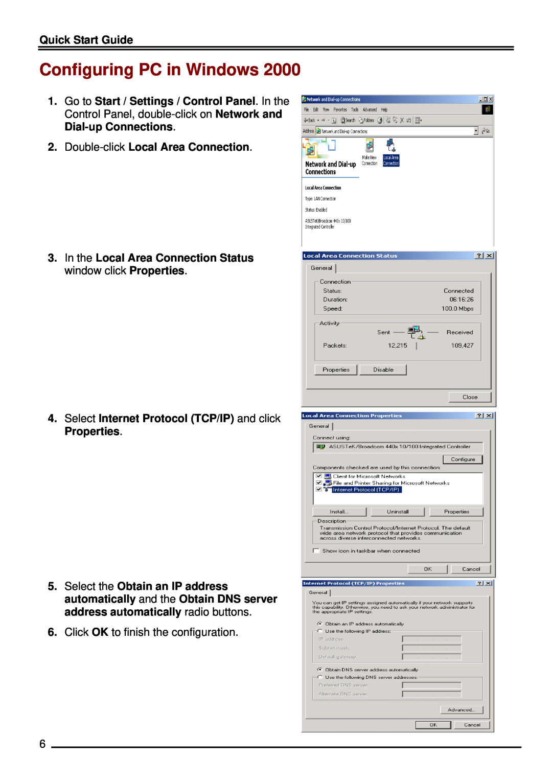 Billion Electric Company BIPAC 7500 Configuring PC in Windows, Double-click Local Area Connection, Quick Start Guide 