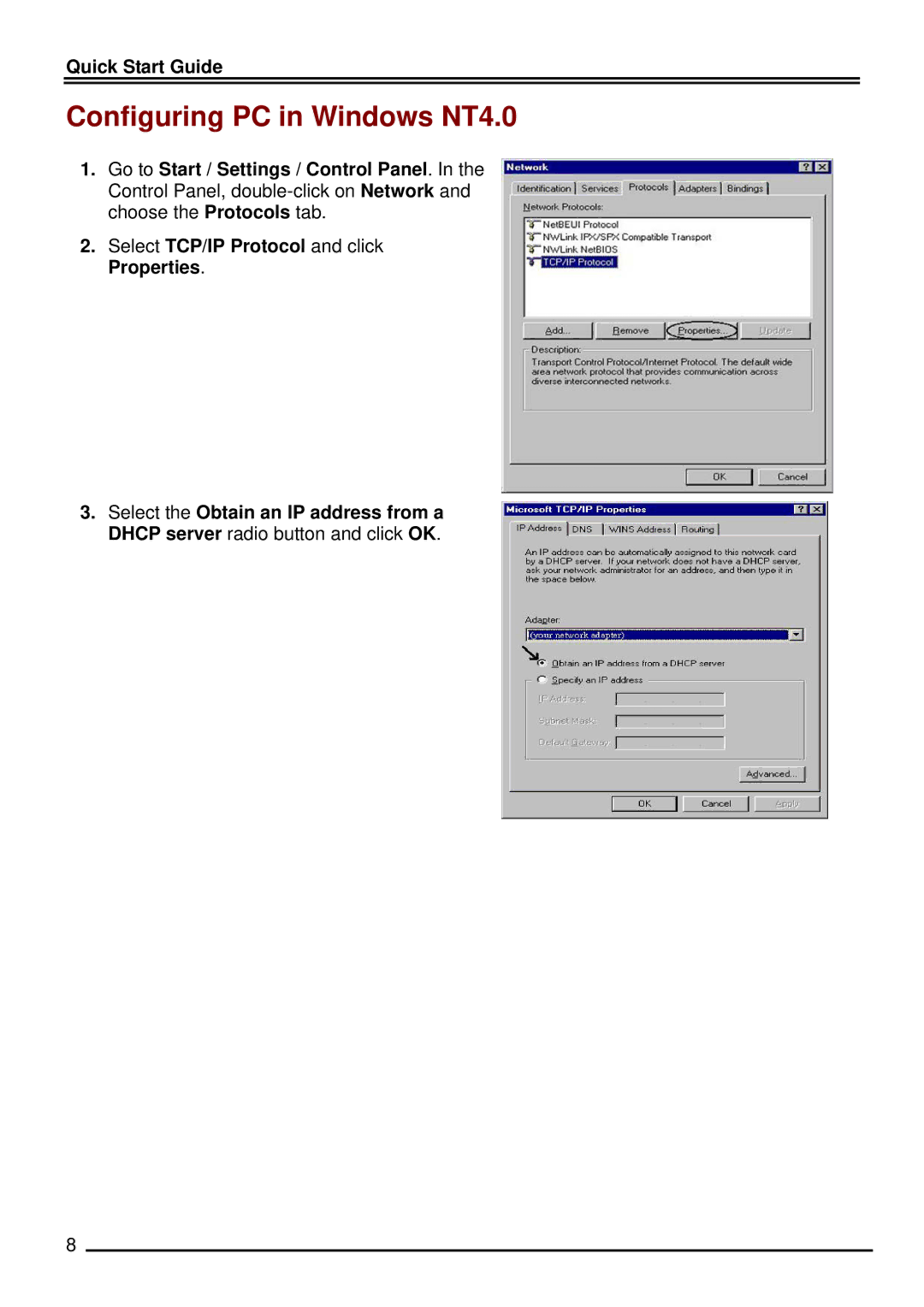 Billion Electric Company BIPAC 7500 quick start Configuring PC in Windows NT4.0 