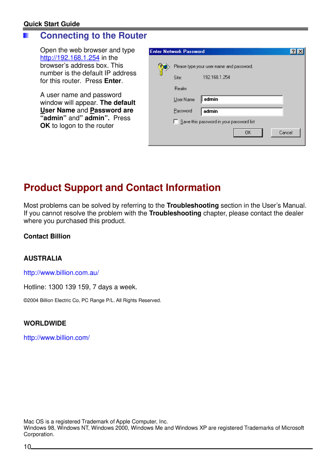 Billion Electric Company BIPAC 7500 quick start Product Support and Contact Information, Connecting to the Router 