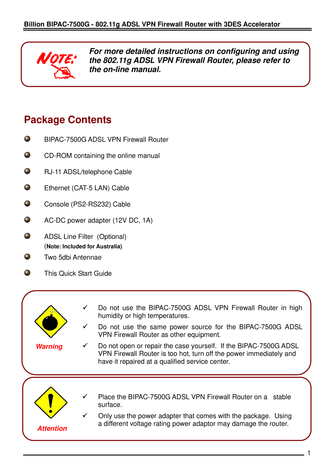 Billion Electric Company BIPAC 7500 quick start Package Contents 