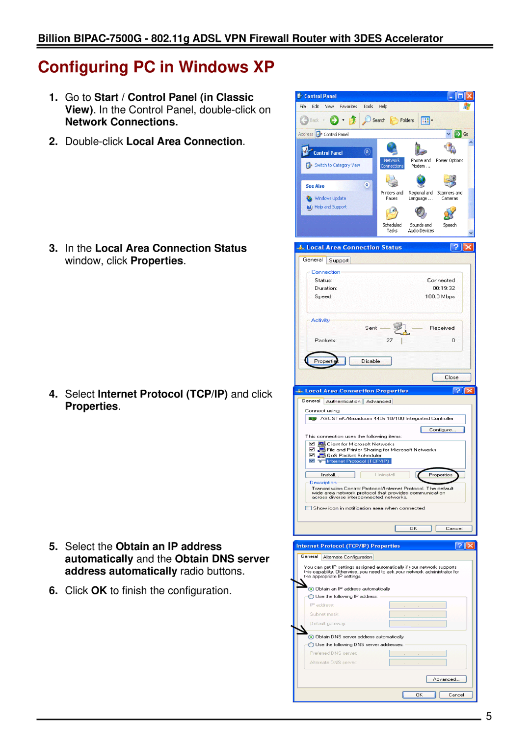 Billion Electric Company BIPAC 7500 quick start Configuring PC in Windows XP 