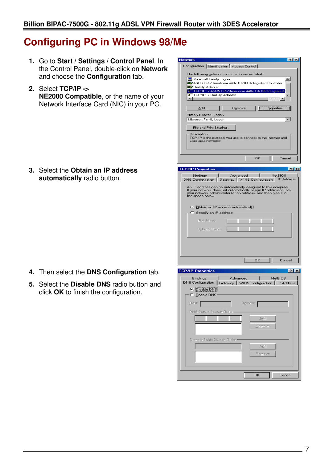 Billion Electric Company BIPAC 7500 quick start Configuring PC in Windows 98/Me 