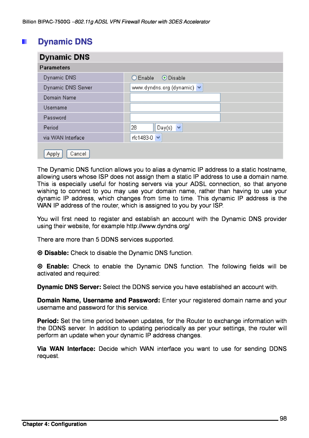 Billion Electric Company BIPAC-7500G user manual Dynamic DNS 