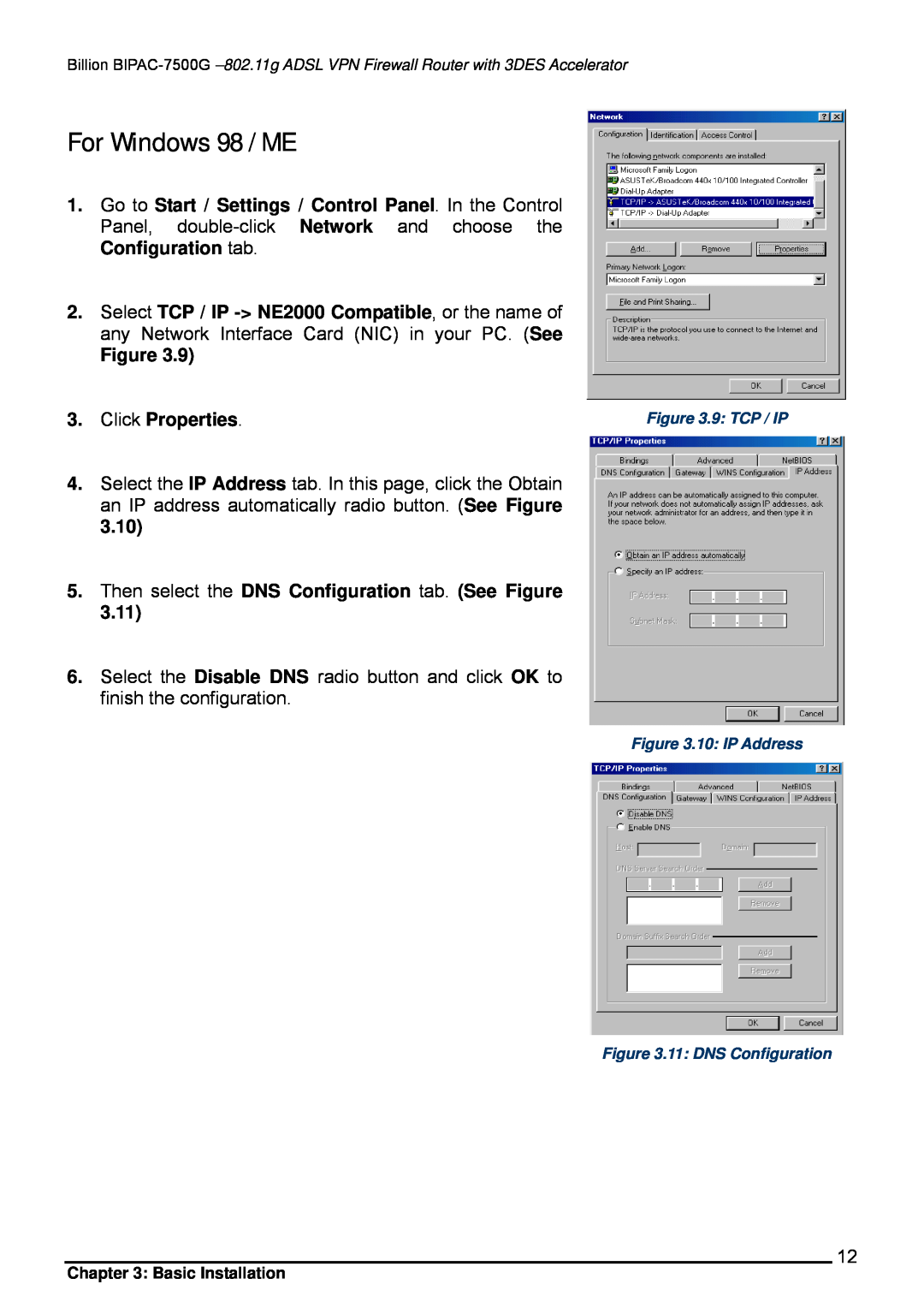 Billion Electric Company BIPAC-7500G user manual For Windows 98 / ME, Click Properties 
