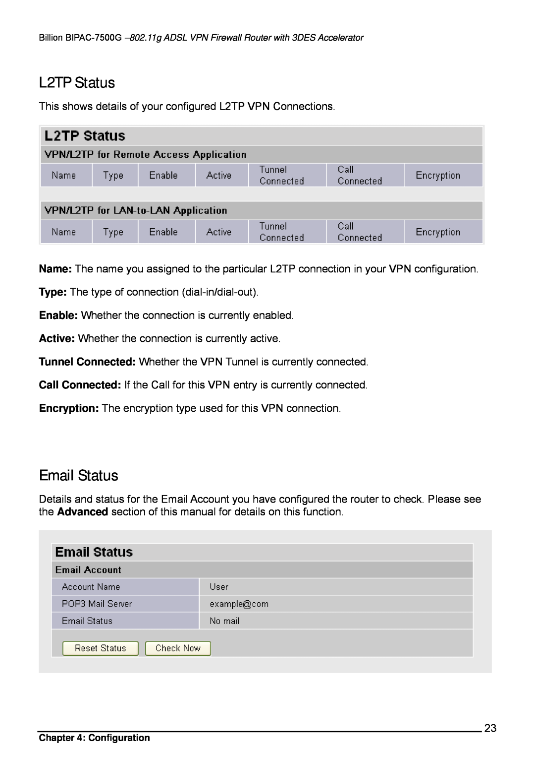 Billion Electric Company BIPAC-7500G user manual L2TP Status, Email Status 