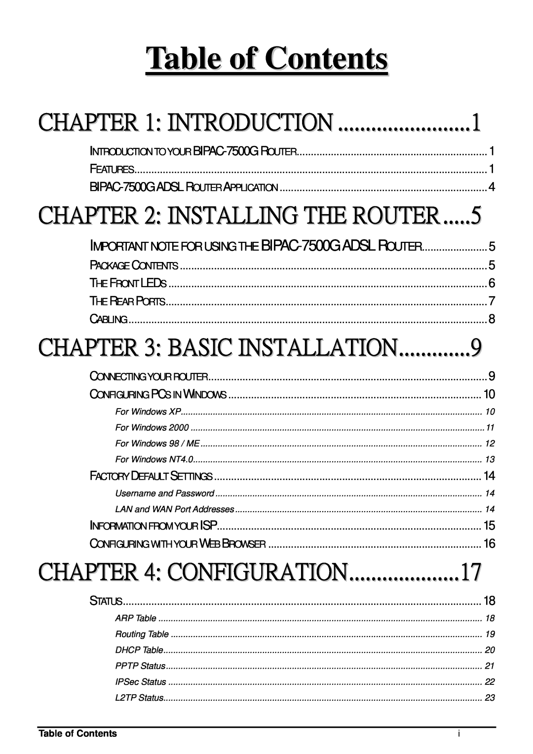 Billion Electric Company BIPAC-7500G user manual Table of Contents, Introduction, Installing The Router, Basic Installation 