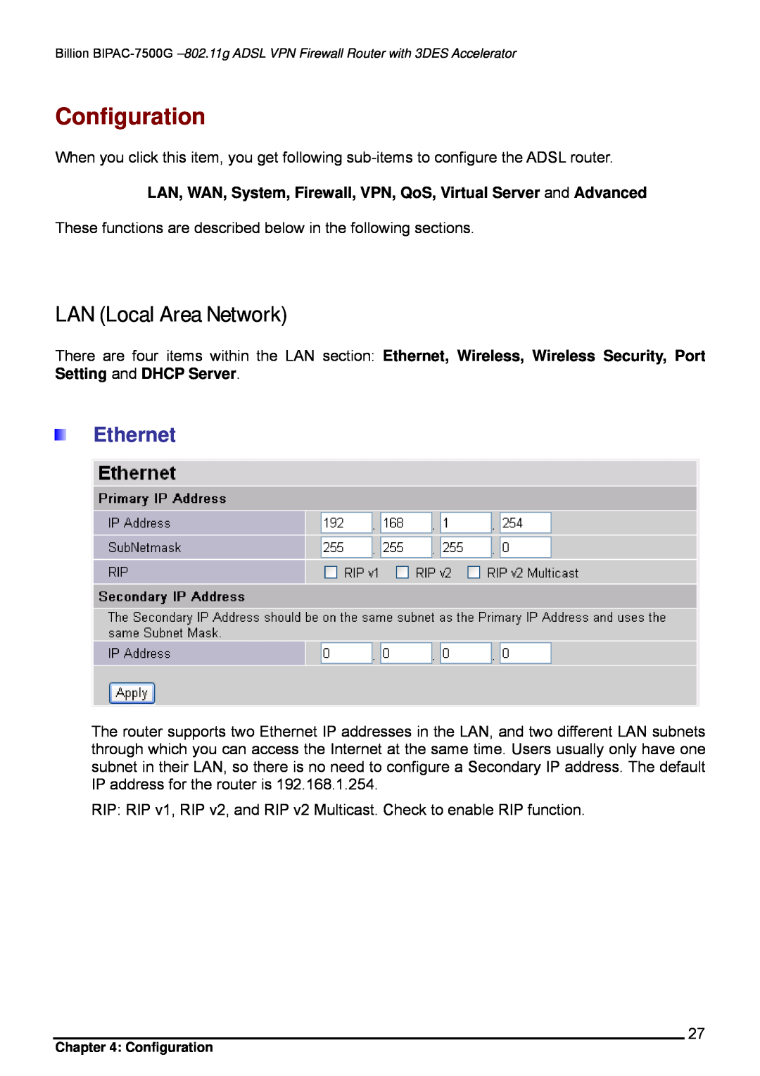 Billion Electric Company BIPAC-7500G user manual Configuration, LAN Local Area Network, Ethernet 