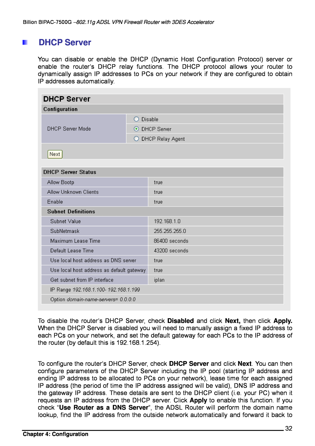Billion Electric Company BIPAC-7500G user manual DHCP Server 