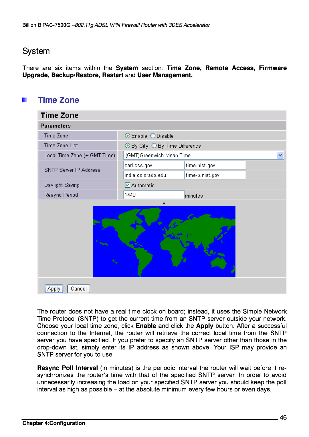 Billion Electric Company BIPAC-7500G user manual System, Time Zone 