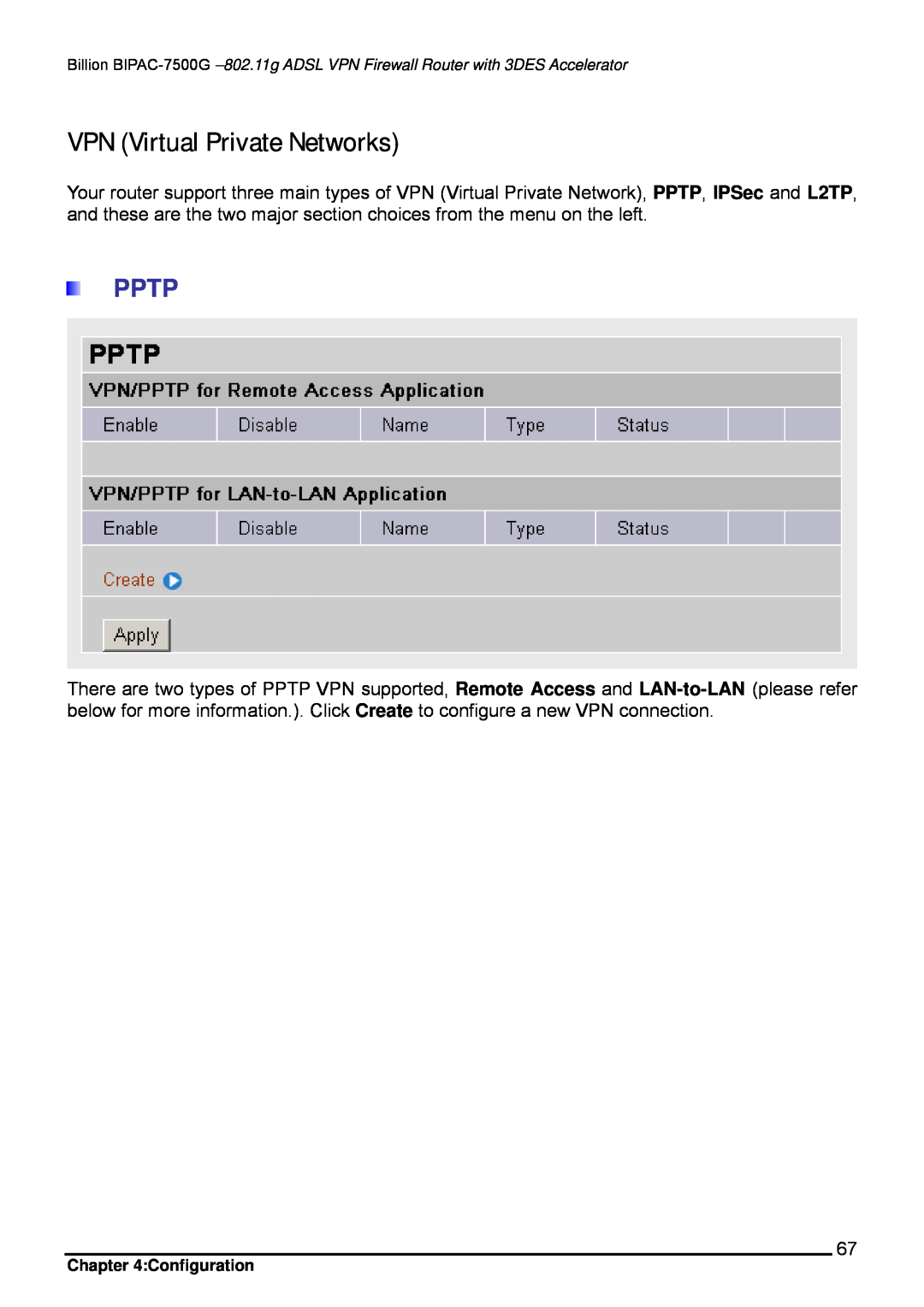 Billion Electric Company BIPAC-7500G user manual VPN Virtual Private Networks, Pptp 