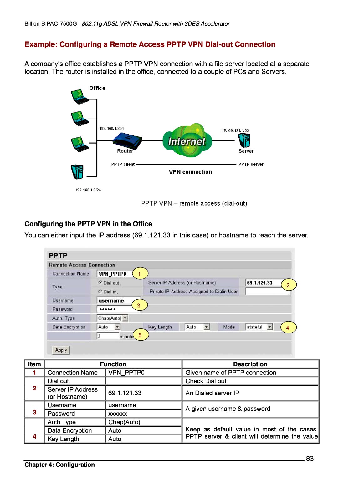 Billion Electric Company BIPAC-7500G user manual Example Configuring a Remote Access PPTP VPN Dial-out Connection 