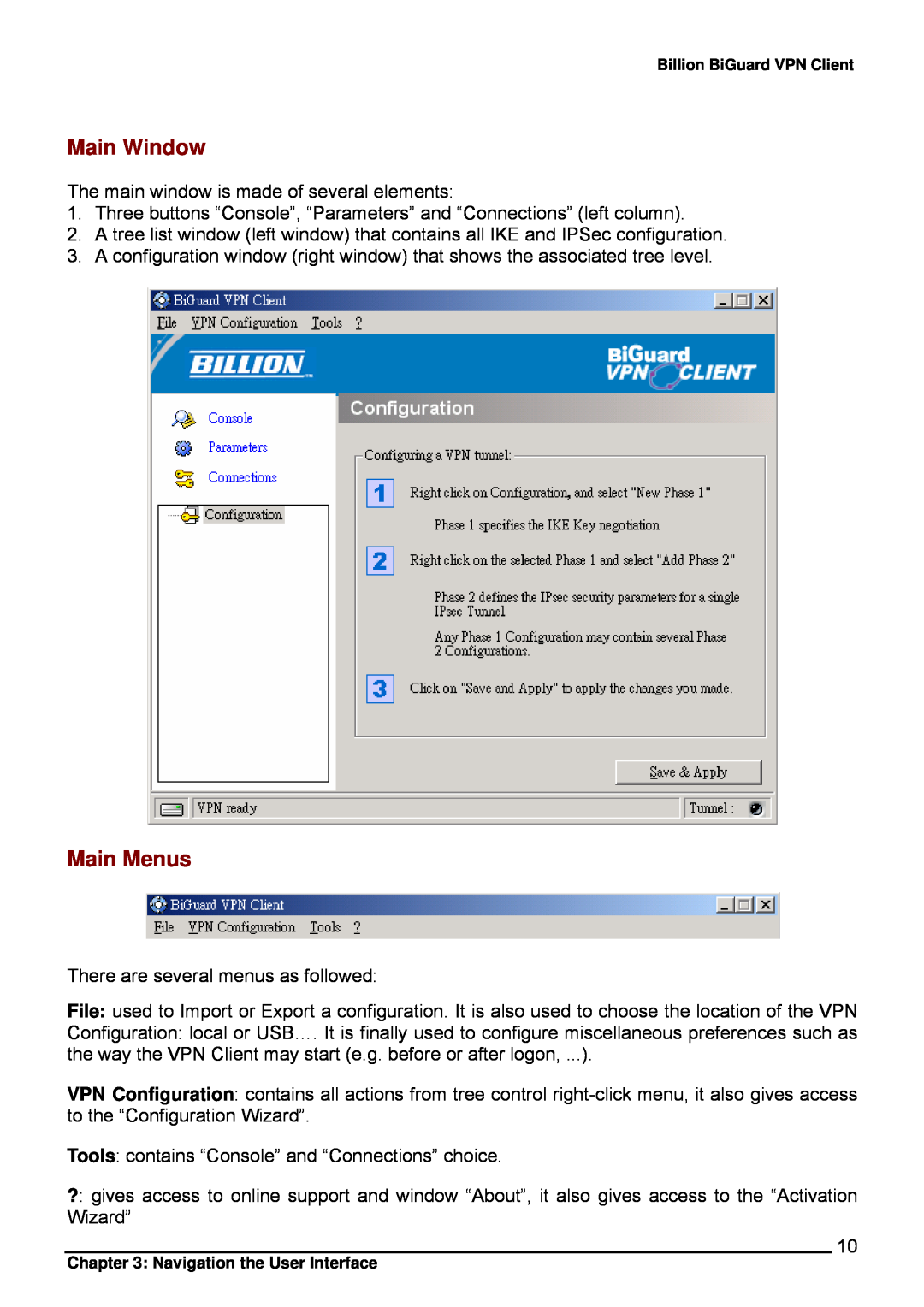 Billion Electric Company CO1 user manual Main Window, Main Menus 