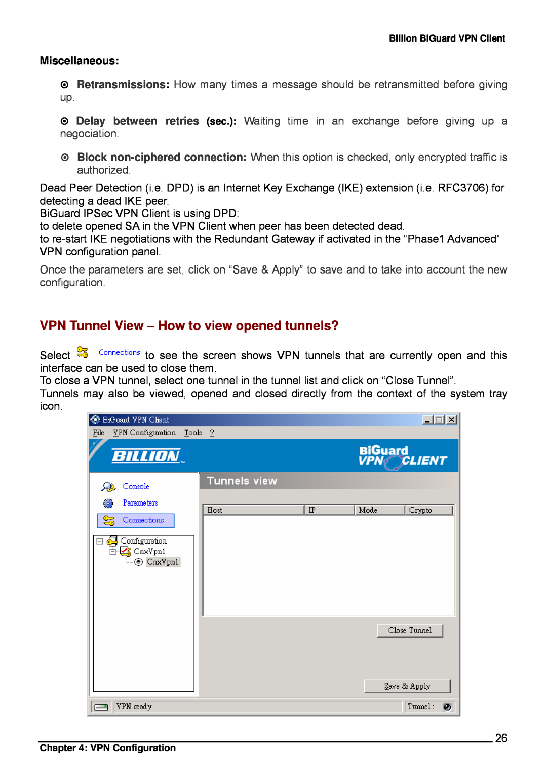 Billion Electric Company CO1 user manual VPN Tunnel View - How to view opened tunnels?, Miscellaneous 