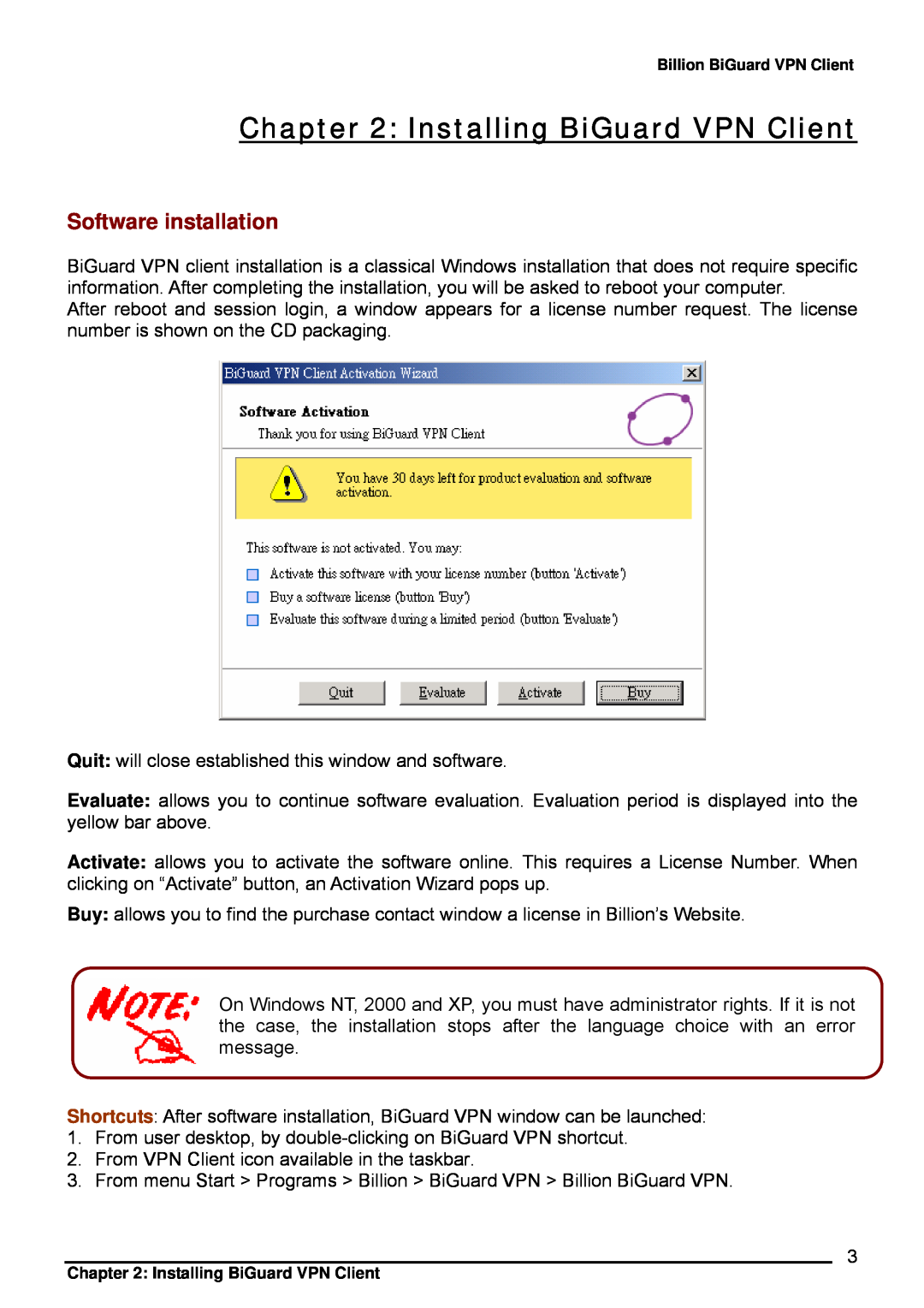 Billion Electric Company CO1 user manual Installing BiGuard VPN Client, Software installation 