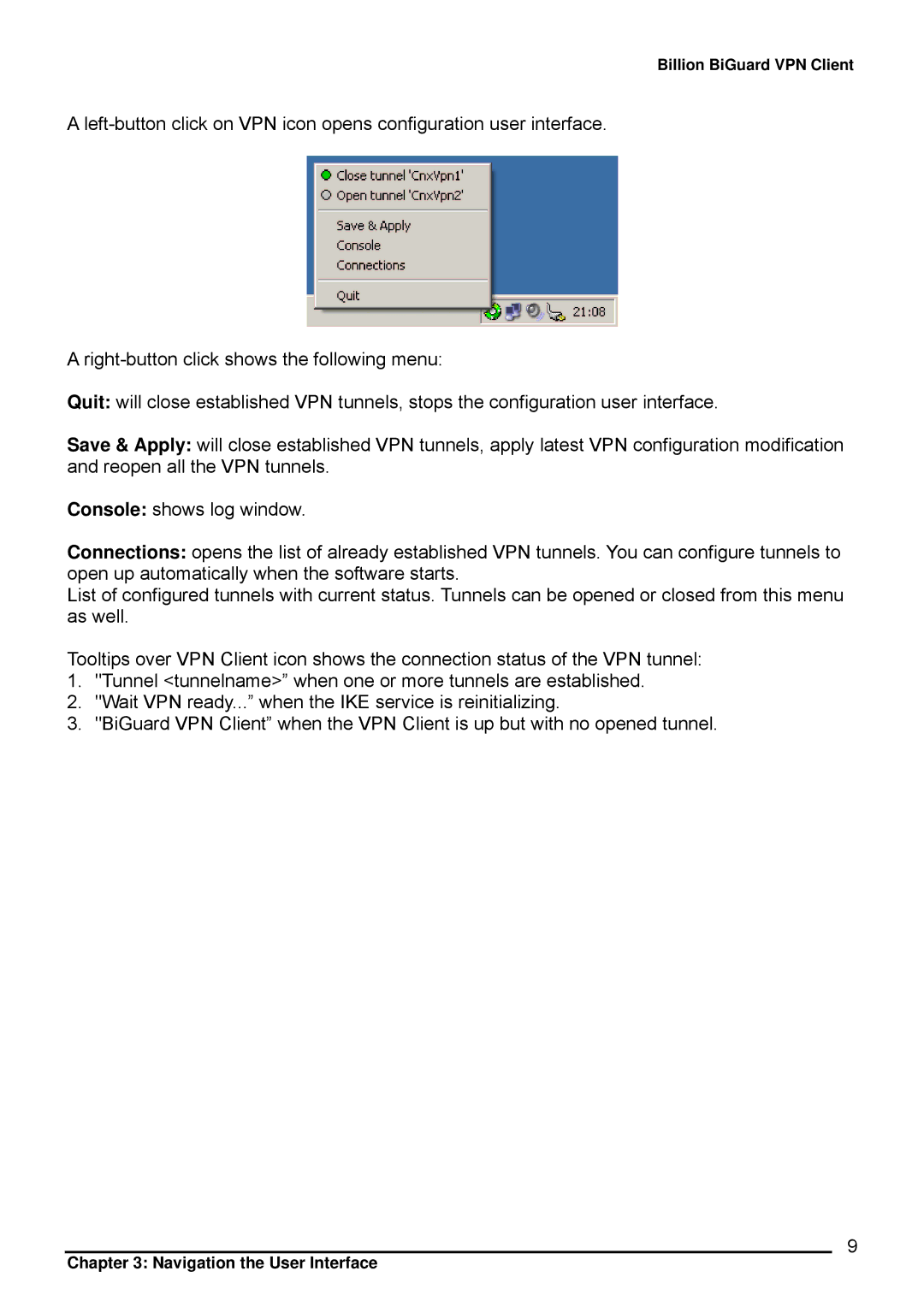 Billion Electric Company CO1 user manual Navigation the User Interface 