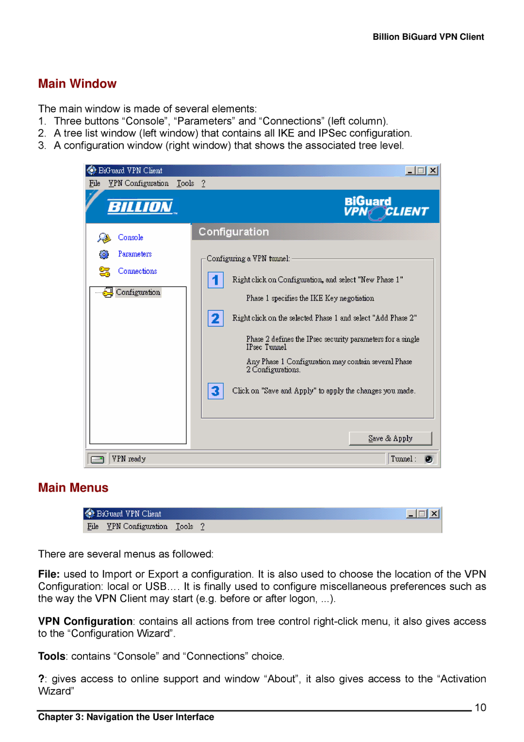 Billion Electric Company CO1 user manual Main Window, Main Menus 