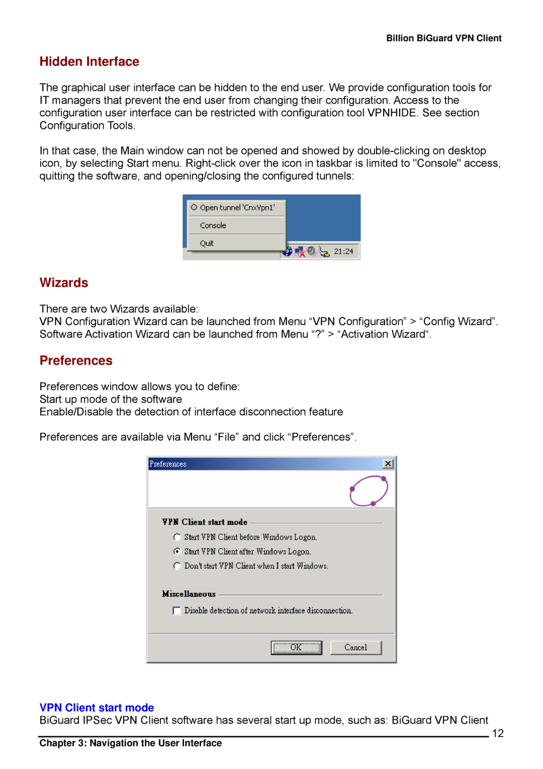 Billion Electric Company CO1 user manual Hidden Interface, Wizards, Preferences, VPN Client start mode 