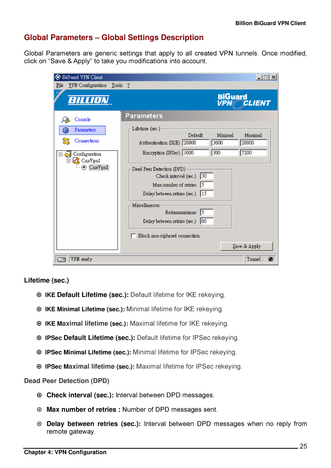 Billion Electric Company CO1 user manual Global Parameters Global Settings Description, Lifetime sec 