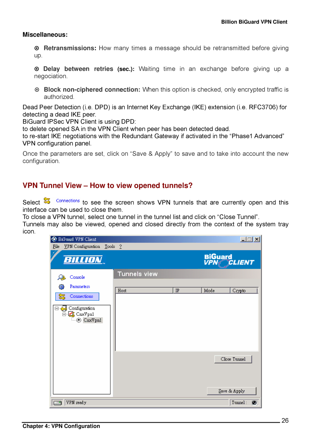 Billion Electric Company CO1 user manual VPN Tunnel View How to view opened tunnels?, Miscellaneous 