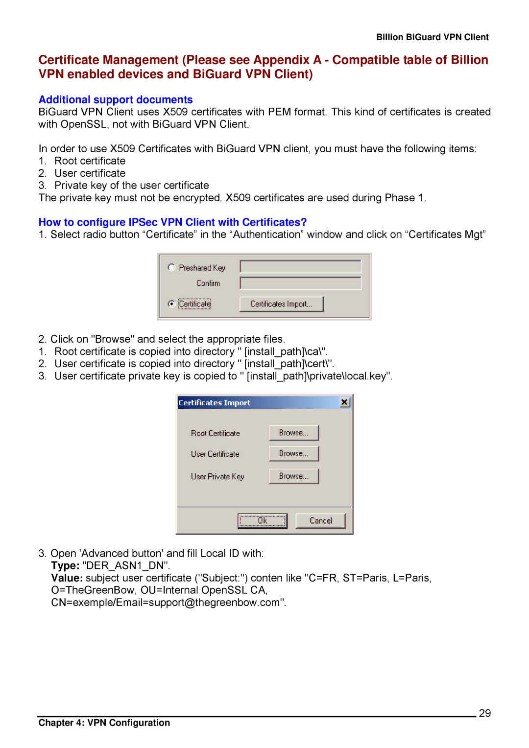 Billion Electric Company CO1 user manual Additional support documents, How to configure IPSec VPN Client with Certificates? 