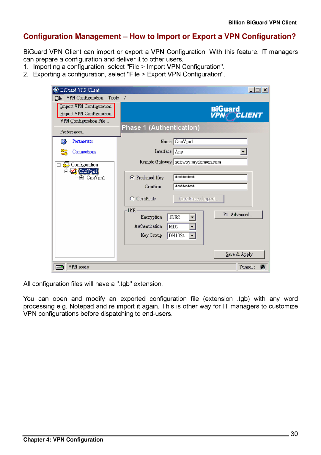 Billion Electric Company CO1 user manual VPN Configuration 