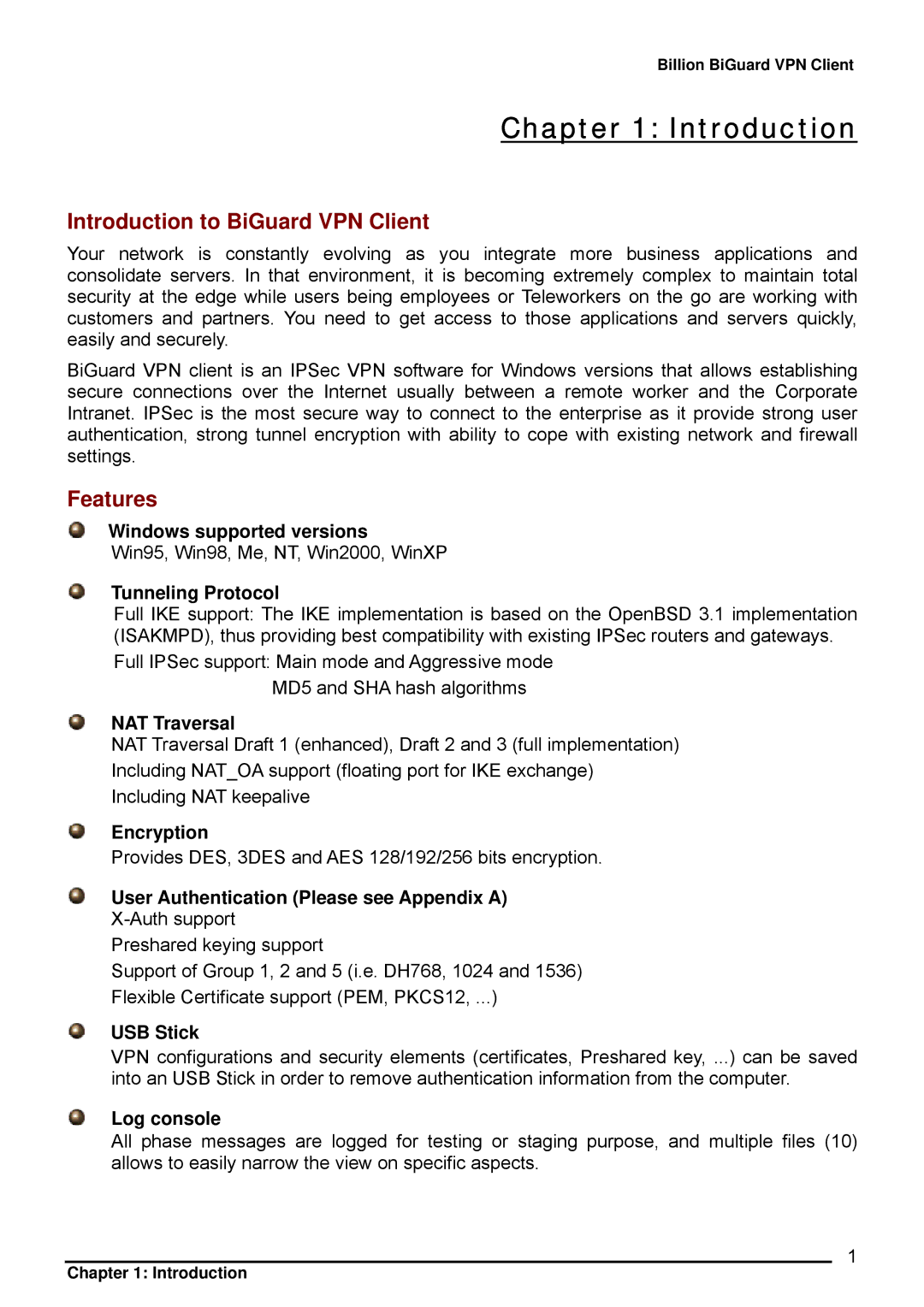 Billion Electric Company CO1 user manual Introduction to BiGuard VPN Client, Features 