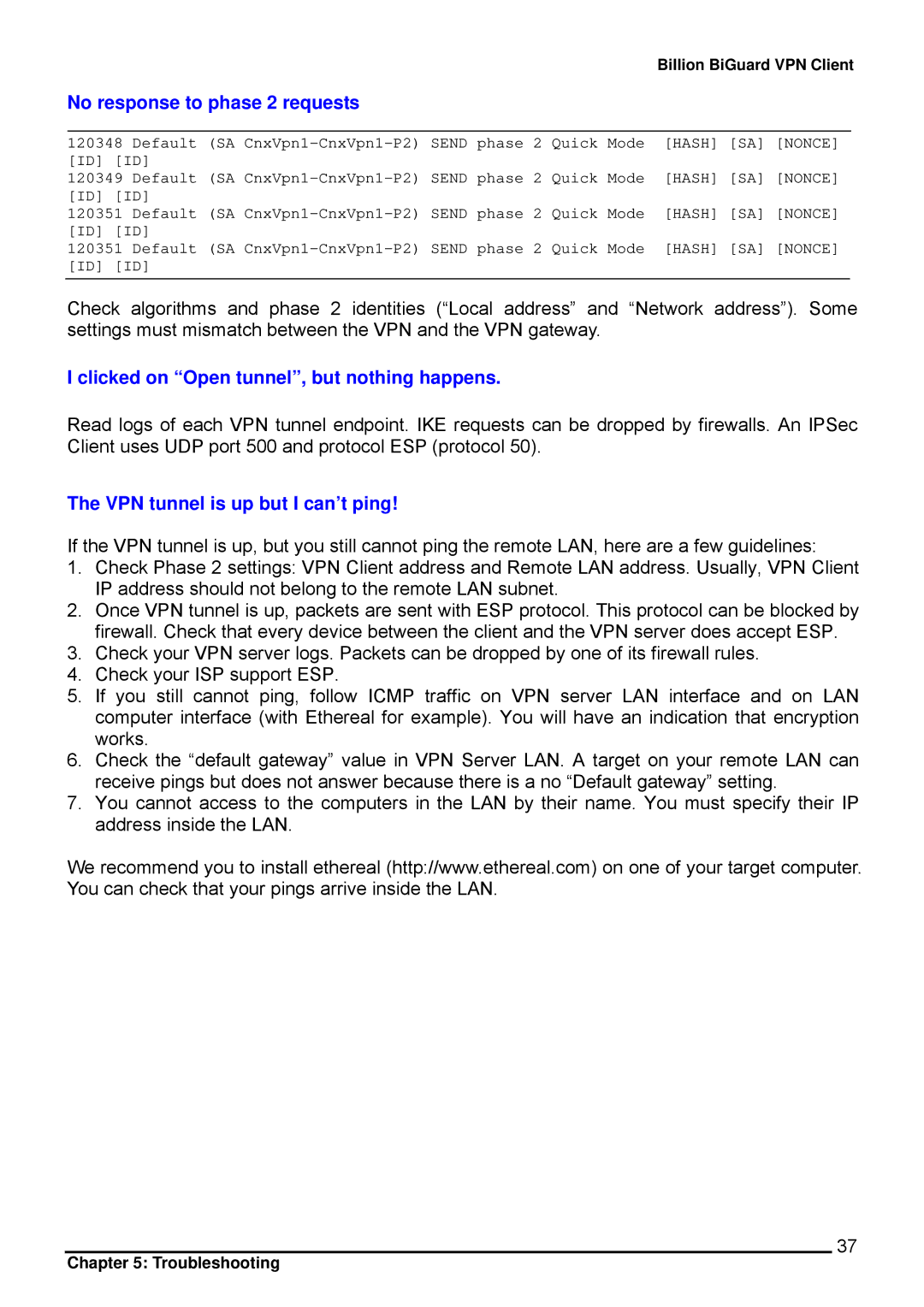 Billion Electric Company CO1 user manual No response to phase 2 requests, Clicked on Open tunnel, but nothing happens 