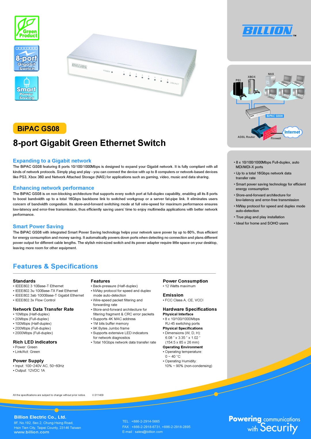 Billion Electric Company specifications port Gigabit Green Ethernet Switch, BiPAC GS08, Features & Specifications 