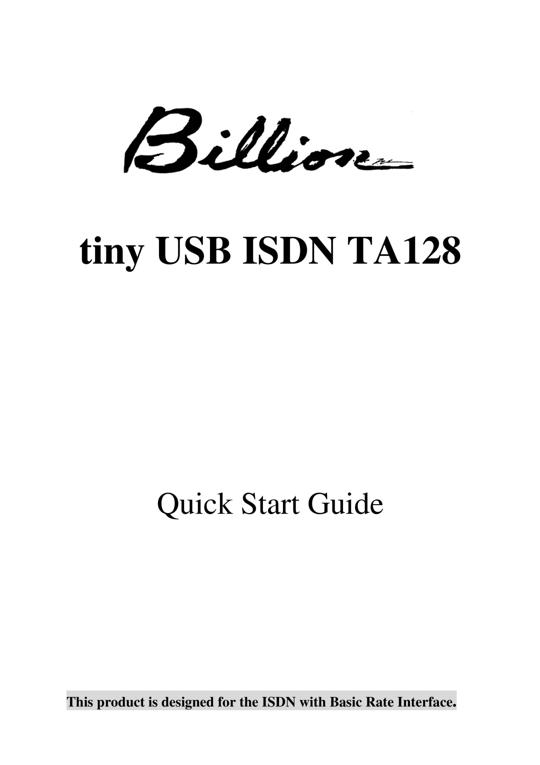 Billion Electric Company ISDN TA128s quick start Tiny USB Isdn TA128 