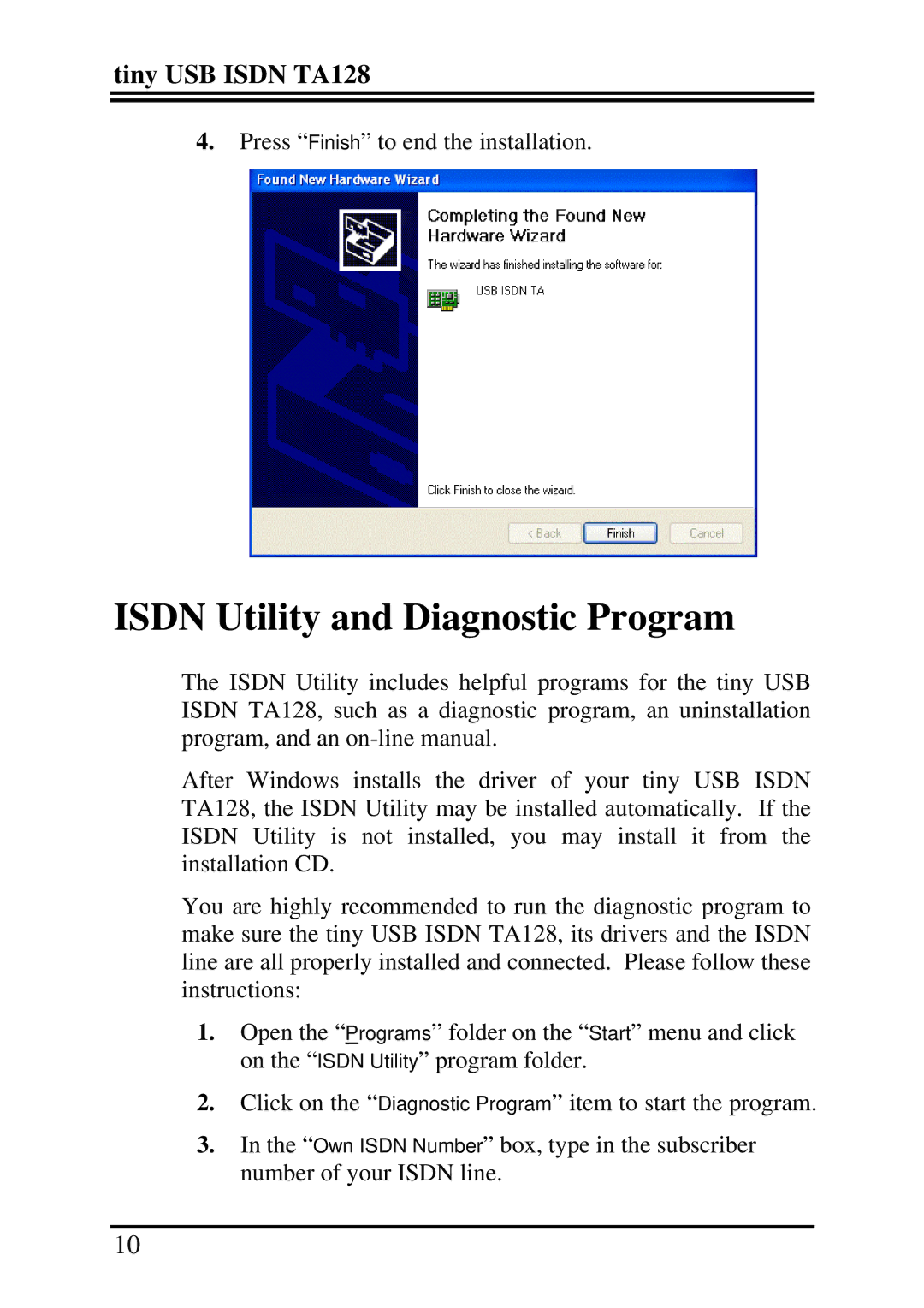 Billion Electric Company ISDN TA128s quick start Isdn Utility and Diagnostic Program 