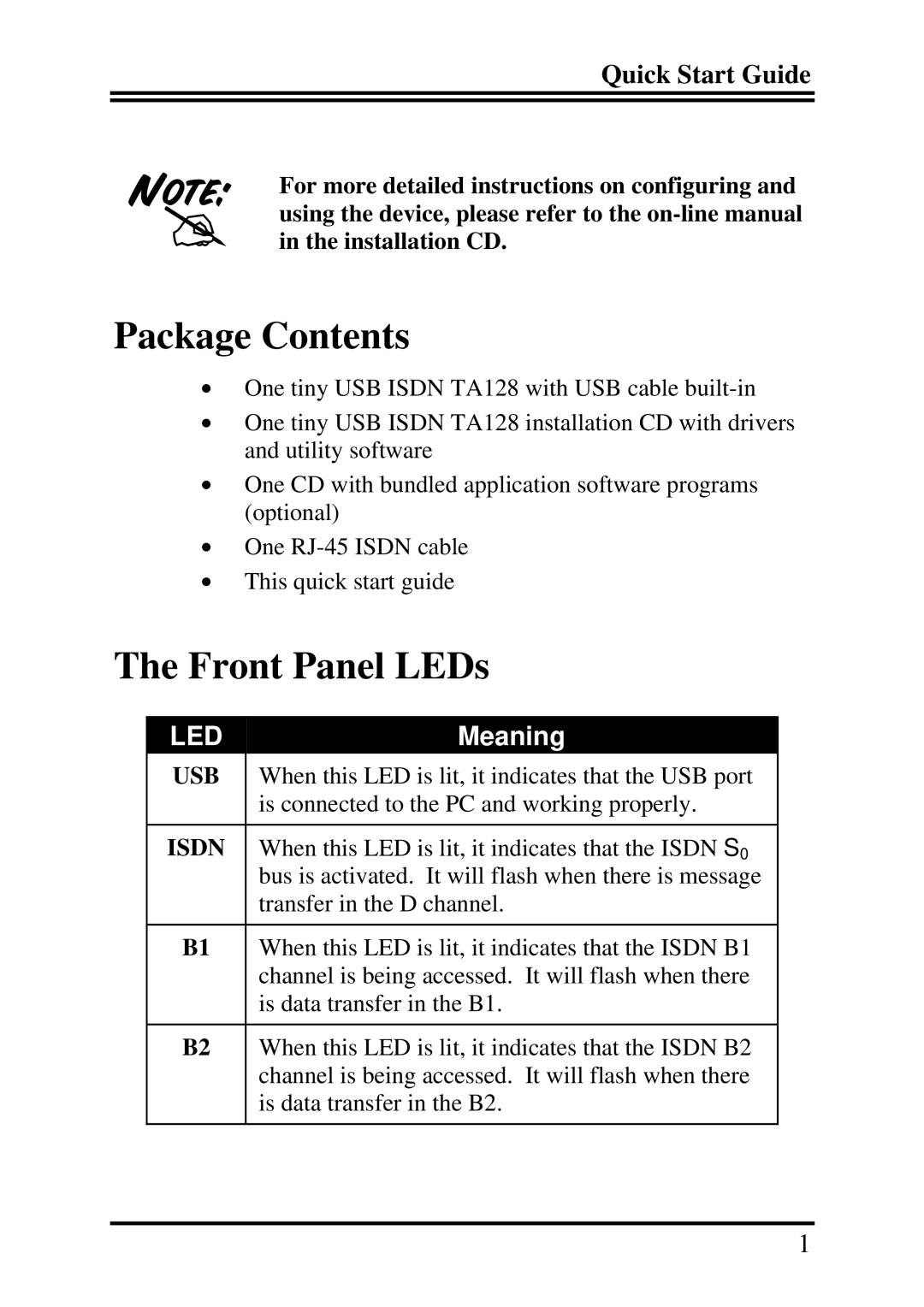 Billion Electric Company ISDN TA128s quick start Package Contents, Front Panel LEDs 