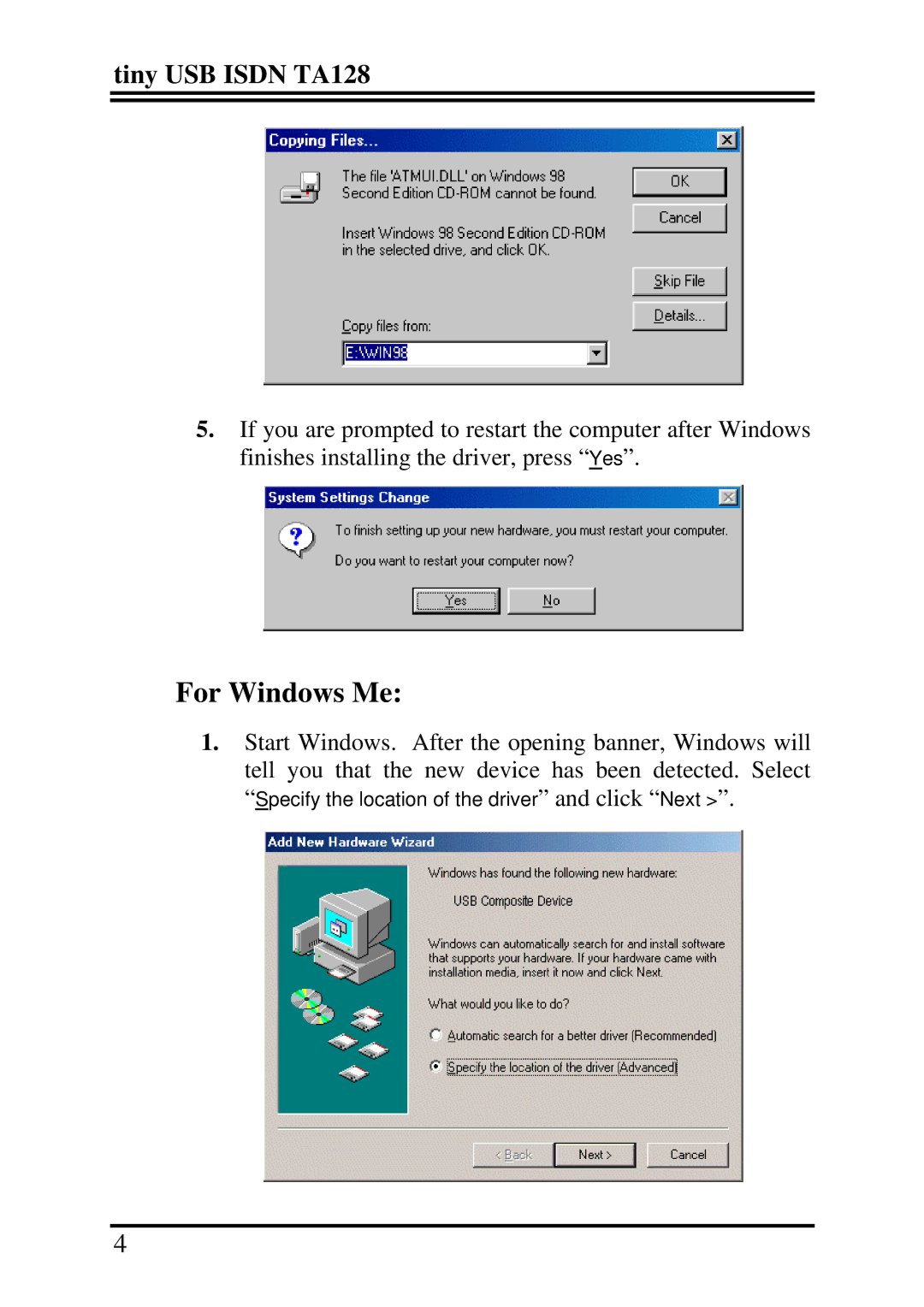 Billion Electric Company ISDN TA128s quick start For Windows Me 