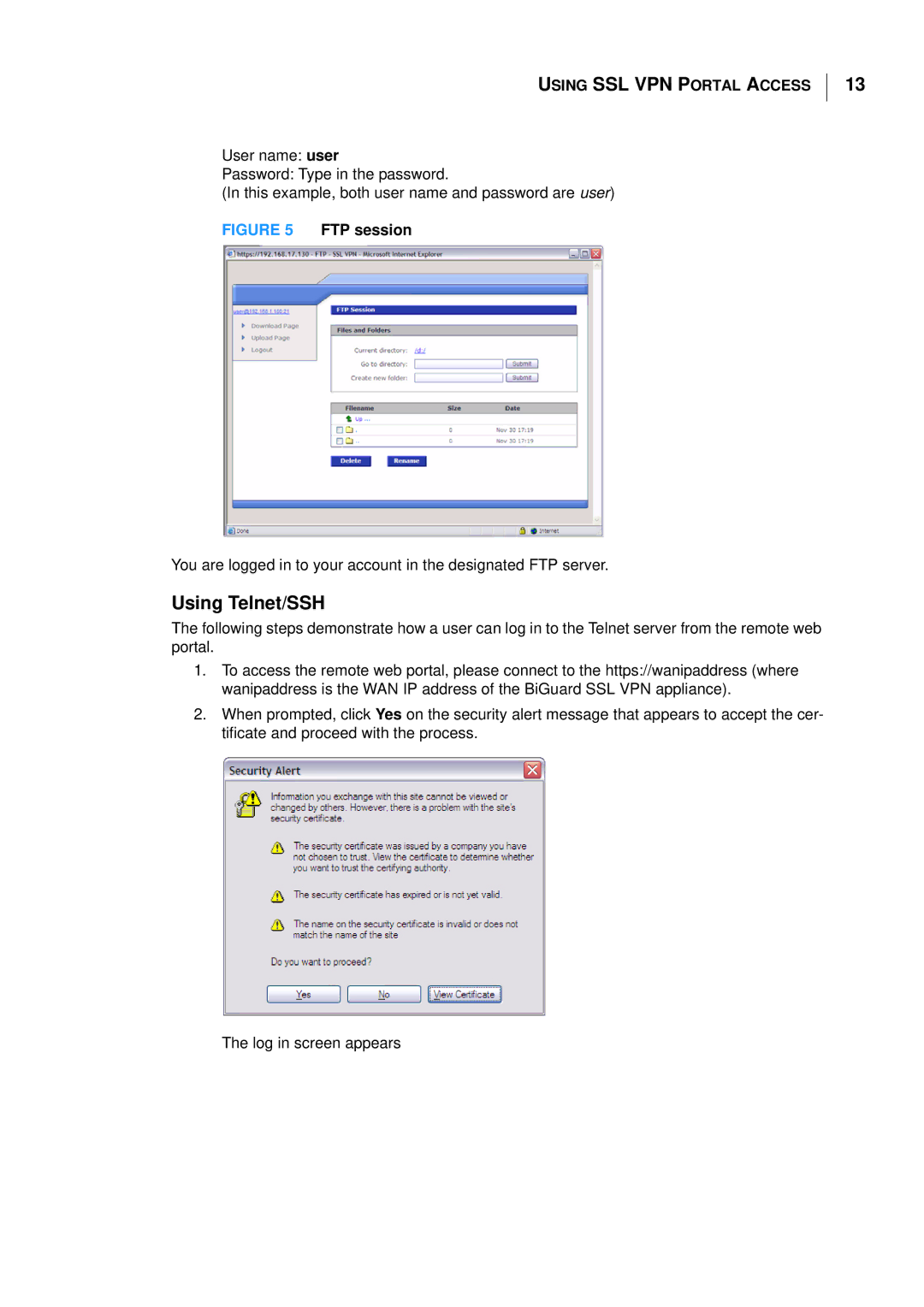 Billion Electric Company S5 manual Using Telnet/SSH, FTP session 