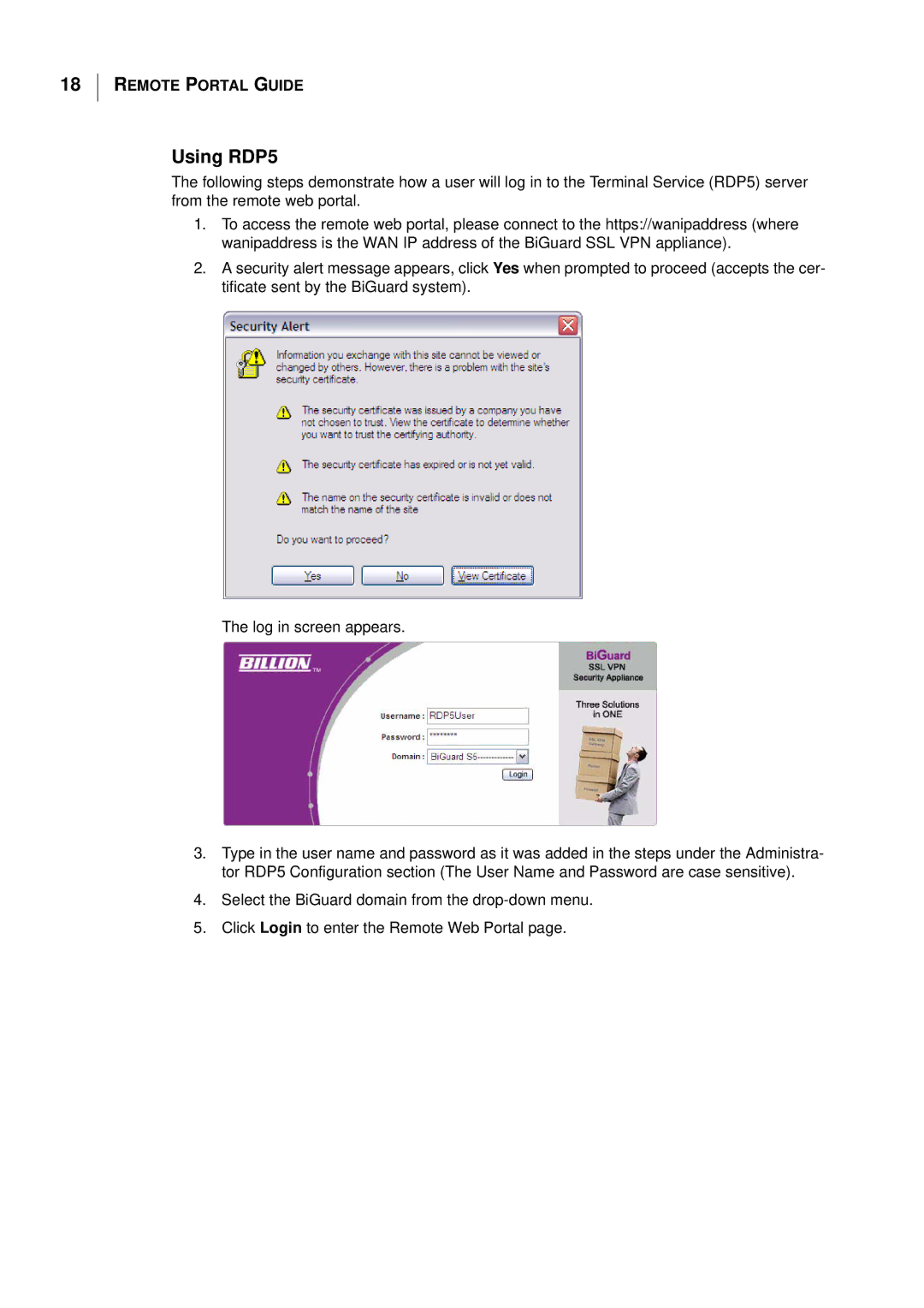 Billion Electric Company S5 manual Using RDP5 