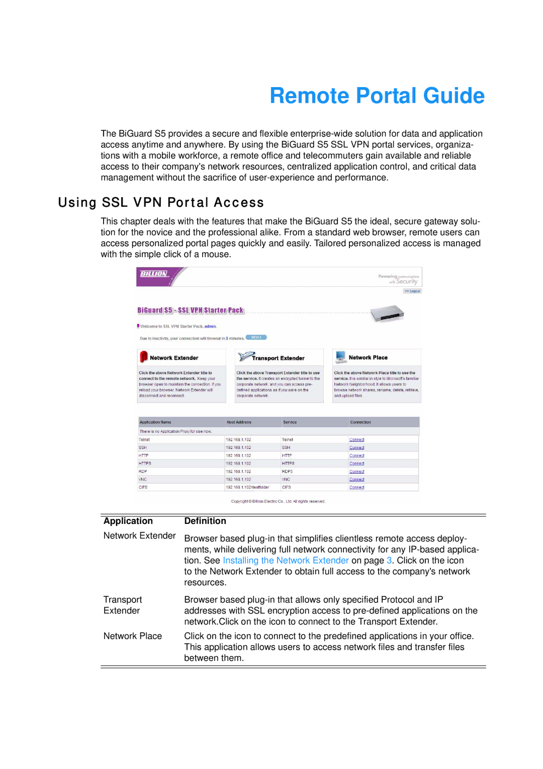 Billion Electric Company S5 manual Remote Portal Guide, Using SSL VPN Portal Access 