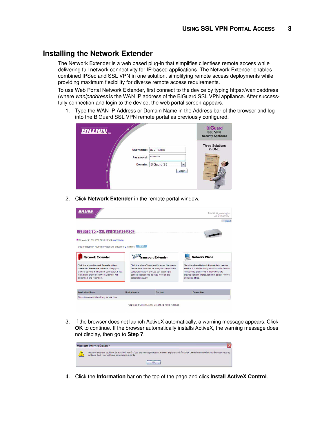 Billion Electric Company S5 manual Installing the Network Extender 