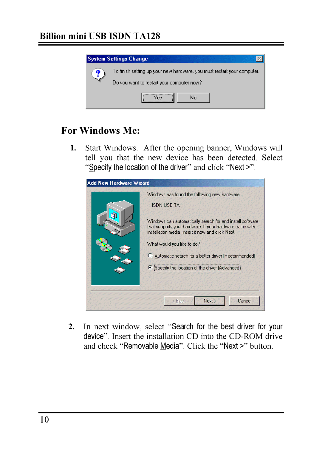 Billion Electric Company TA128 user manual For Windows Me 