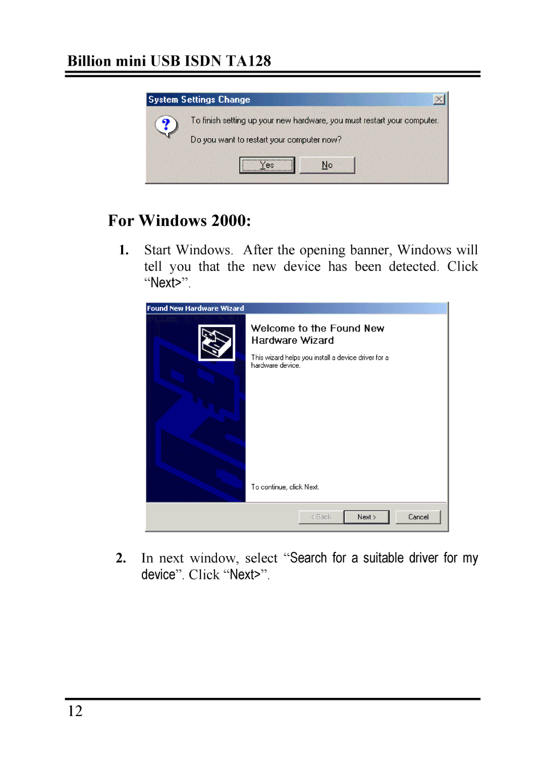 Billion Electric Company TA128 user manual For Windows 