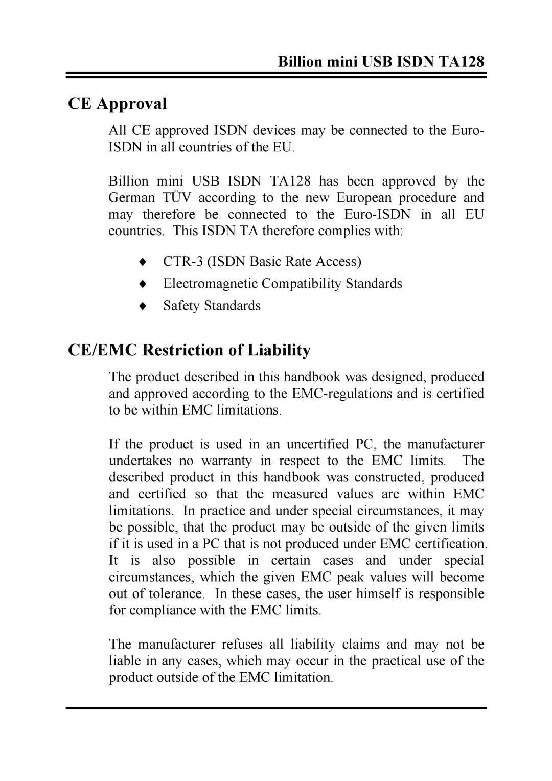 Billion Electric Company TA128 user manual CE Approval 