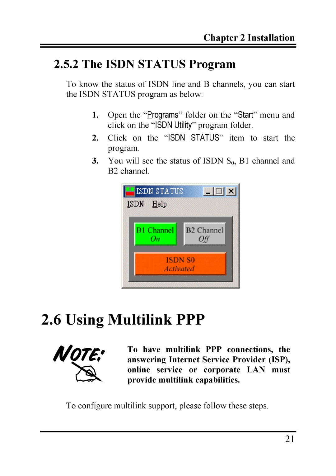 Billion Electric Company TA128 user manual Using Multilink PPP, Isdn Status Program 