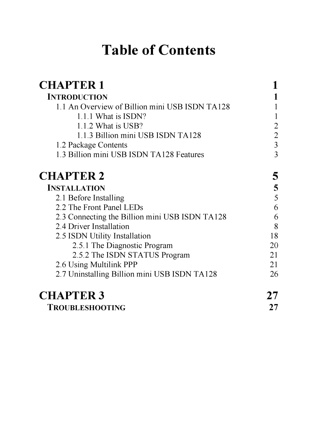 Billion Electric Company TA128 user manual Table of Contents 