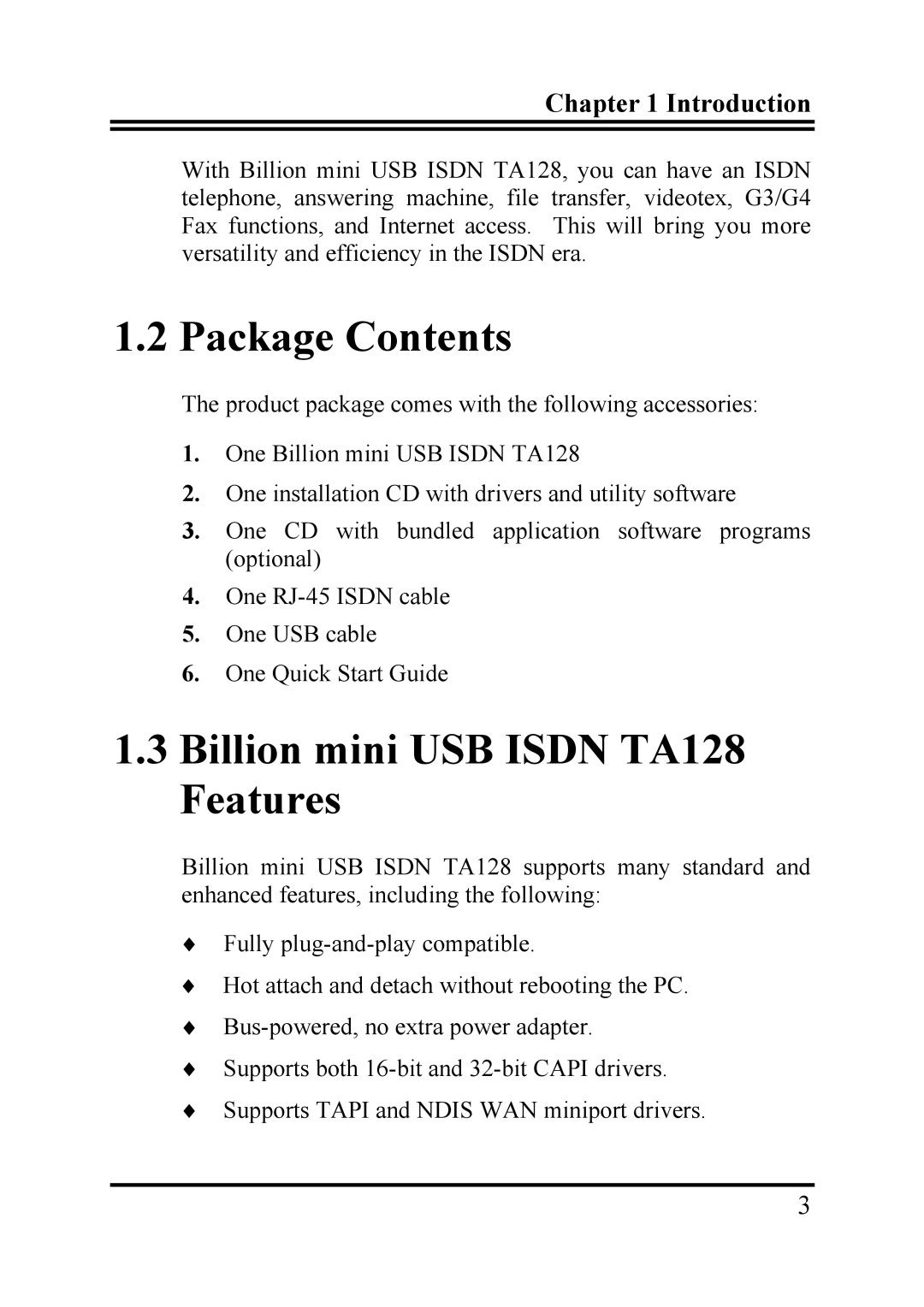 Billion Electric Company user manual Package Contents, Billion mini USB Isdn TA128 Features 