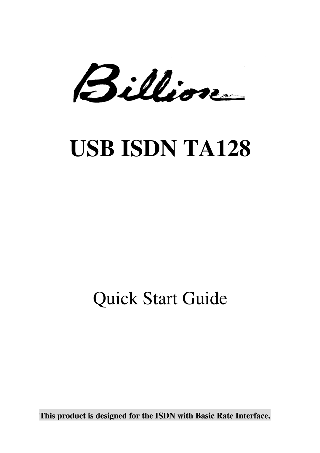 Billion Electric Company USBTAQG quick start USB Isdn TA128 