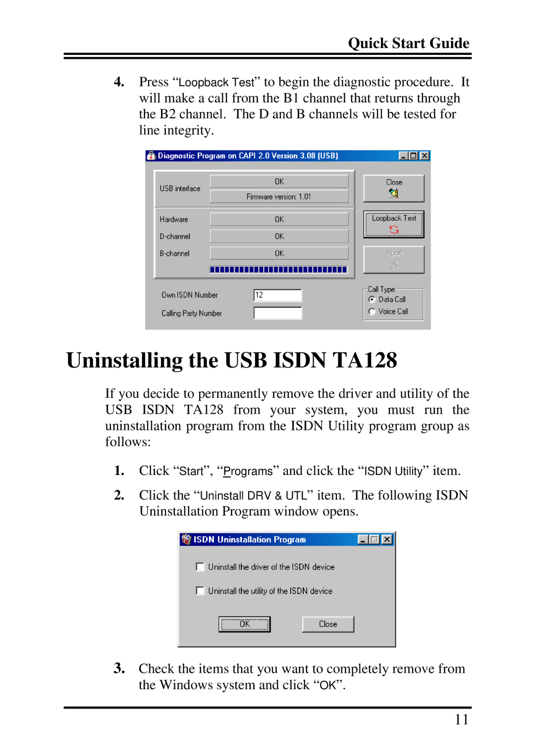 Billion Electric Company USBTAQG quick start Uninstalling the USB Isdn TA128 