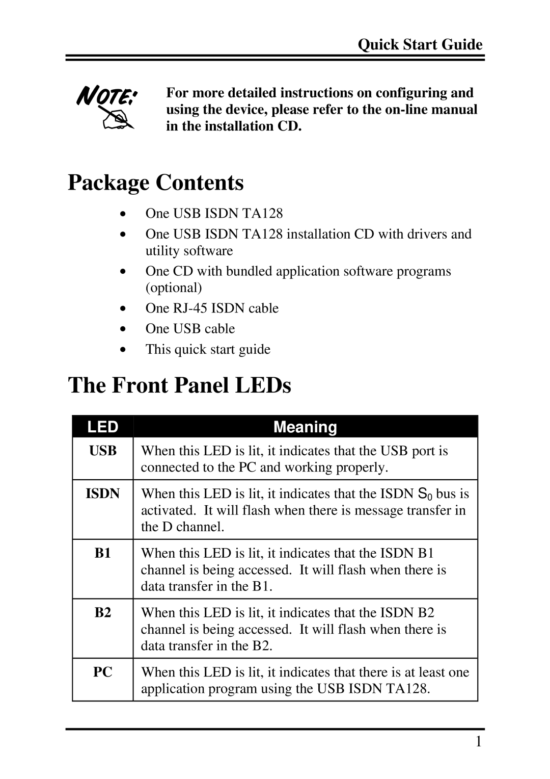 Billion Electric Company USBTAQG quick start Package Contents, Front Panel LEDs 