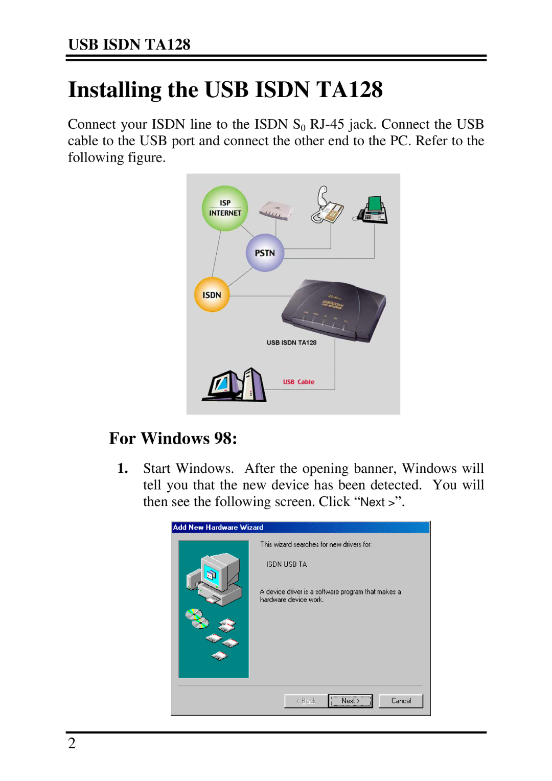 Billion Electric Company USBTAQG quick start Installing the USB Isdn TA128, For Windows 