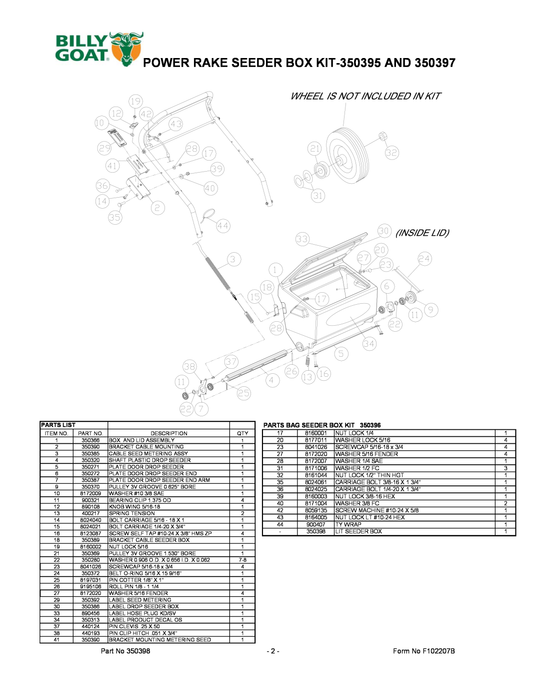 Billy Goat 350397 manual POWER RAKE SEEDER BOX KIT-350395AND, Form No F102207B, Parts Bag Seeder Box Kit, Parts List 