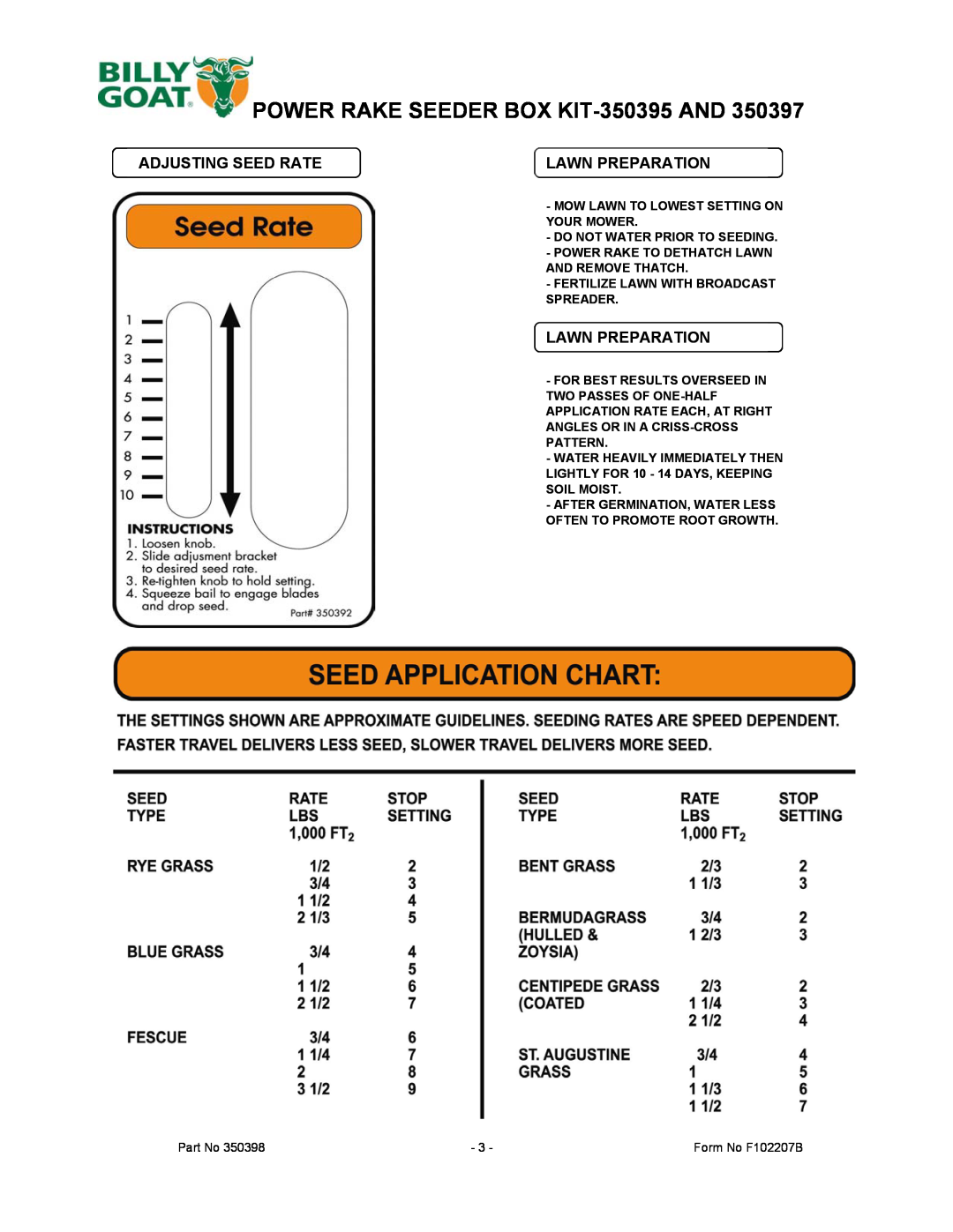 Billy Goat 350397 manual POWER RAKE SEEDER BOX KIT-350395AND, Adjusting Seed Rate, Lawn Preparation 