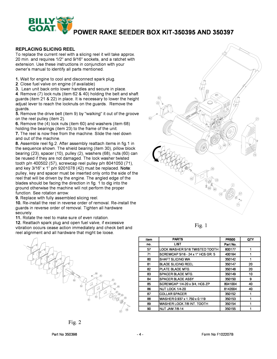 Billy Goat 350397 manual POWER RAKE SEEDER BOX KIT-350395AND, Replacing Slicing Reel 