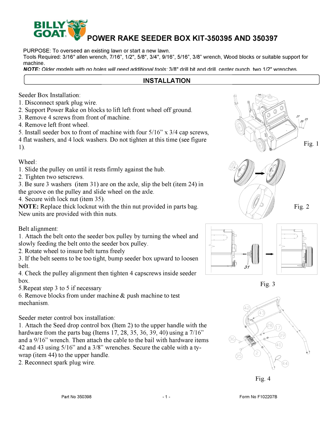 Billy Goat 350397 manual Power Rake Seeder BOX KIT-350395 